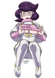 Rule 34 | 10s, 1girl, artist name, breasts, butcha-u, capelet, clothes lift, creatures (company), dated, game freak, glasses, green eyes, huge breasts, long sleeves, looking at viewer, nintendo, open mouth, pink-framed eyewear, pokemon, pokemon sm, purple hair, shirt lift, short hair, solo, star (symbol), sweatdrop, sweater, turtleneck, turtleneck sweater, underboob, white background, wicke (pokemon)
