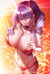 Rule 34 | absurdres, bare arms, bikini, breasts, cleavage, commentary request, covered erect nipples, drill hair, evening, highres, large breasts, long hair, looking at viewer, navel, ocean, open mouth, original, pink hair, purple hair, red bikini, side-tie bikini bottom, smile, standing, stomach, sunset, swimsuit, v, wet, yellow eyes, yuuzuki hijiri