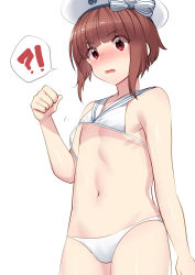 Rule 34 | !?, 10s, 1girl, akagi kurage, arm at side, bare arms, bare shoulders, beret, bikini, blunt bangs, blush, bow, eyebrows, flat chest, hat, hat bow, hat ornament, highres, kantai collection, motion lines, navel, nose blush, red eyes, red hair, sailor bikini, sailor collar, short hair, simple background, smiley face, solo, spoken interrobang, standing, stomach, striped, striped bow, swimsuit, wardrobe malfunction, white background, white bikini, white hat, z3 max schultz (kancolle)