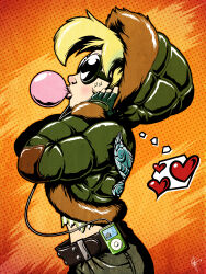 Rule 34 | 1girl, absurdres, blonde hair, blowing bubbles, chewing gum, commentary, contemporary, cropped jacket, digital media player, earphones, english commentary, fingerless gloves, from side, fur-trimmed jacket, fur trim, gloves, goggles, green jacket, green pants, heart, highres, hood, hooded jacket, ipod, jacket, jeftoon01, midriff, pants, peter pan (disney), signature, solo, sparkle, thought bubble, tinker bell (disney)