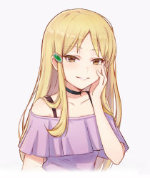 Rule 34 | 1girl, blonde hair, blush, brown eyes, choker, collarbone, commentary, cropped torso, hand on own cheek, hand on own face, hidaka koharu, high score girl, lenko, long hair, looking at viewer, off-shoulder shirt, off shoulder, parted lips, purple shirt, shirt, simple background, smile, solo, upper body, white background