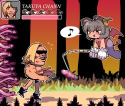 Rule 34 | 1boy, 1girl, :d, animal ears, blonde hair, brown horns, carrot on stick, censored, commentary request, cookie (touhou), demon girl, demon horns, demon tail, demon wings, dildo, flying sweatdrops, forest, full body, grass, grey hair, health bar, highres, horns, leotard, long nipples, manatsu no yo no inmu, medium bangs, mosaic censoring, mouse ears, musical note, nature, nazrin, nipples, nyon (cookie), open mouth, pantyhose, penis tentacle, purple pantyhose, red eyes, red leotard, red wings, sex toy, short hair, smile, sunglasses, tail, takuya (acceed), tentacles, tonchamon san, touhou, wings