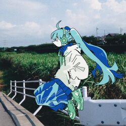 Rule 34 | 1girl, ahoge, album cover, aqua hair, blue jacket, blue pants, bridge, cloud, cloudy sky, colored skin, commentary request, cover, day, expressionless, feet up, film grain, floating hair, from side, full body, grass, hands in pockets, hatsune miku, headphones, highres, hood, hood down, hoodie, jacket, long hair, long sleeves, looking ahead, on railing, outdoors, pants, photo background, railing, second-party source, shoes, sitting, sky, sneakers, solo, soyacomu, tall grass, track jacket, track pants, twintails, very long hair, vocaloid, white hoodie, white skin