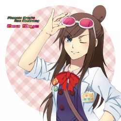 Rule 34 | 1girl, blue eyes, bow, brown hair, character name, copyright name, goggles, goggles on head, ace attorney, phoenix wright: ace attorney, half updo, ema skye, lab coat, long hair, looking at viewer, lowres, mzroas, name tag, one eye closed, red bow, smile, solo, vest