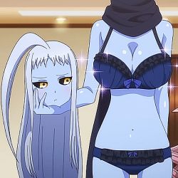 Rule 34 | 1girl, animated, animated gif, blue skin, blush, breasts, cleavage, colored skin, dullahan, holding, lala (monster musume), large breasts, lingerie, long hair, monster girl, monster musume no iru nichijou, navel, panties, solo, sparkle, standing, talking, underwear, white hair