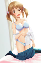 Rule 34 | 10s, 1girl, :d, absurdres, backlighting, bare shoulders, bed, bed sheet, black socks, blue bow, blue bra, blue panties, blue skirt, blush, bow, bow bra, bow panties, bra, breasts, brown eyes, brown hair, cameltoe, cleavage, clothes lift, collarbone, curtains, day, eyebrows, full body, hair bobbles, hair ornament, head tilt, highres, idolmaster, idolmaster cinderella girls, kneehighs, kneeling, long sleeves, midriff, off shoulder, on bed, open mouth, panties, shirt, short twintails, sidelocks, skirt, skirt lift, smile, socks, solo, stomach, taka (takahirokun), tareme, thigh gap, thighs, totoki airi, twintails, underwear, undressing, white shirt