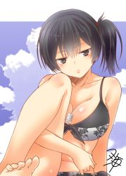 Rule 34 | 10s, 1girl, artist name, asymmetrical clothes, bare arms, bare legs, bare shoulders, barefoot, bikini, black bikini, black eyes, black hair, blue sky, blush, breasts, cleavage, closed mouth, cloud, collarbone, day, dog tags, expressionless, kaga (kancolle), kantai collection, large breasts, leg up, looking at viewer, navel, side ponytail, sitting, sky, soles, solo, swimsuit, toes, yua (checkmate)