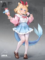 Rule 34 | 1girl, absurdres, alice vu, animal ears, artist name, blonde hair, blue eyes, blue nails, blue scales, blue skirt, blush, bow, bowtie, brown footwear, candy, commentary, commission, contrapposto, fangs, fins, fish tail, food, frilled skirt, frills, full body, hairband, highres, holding, holding candy, holding food, holding ice cream cone, holding lollipop, ice cream cone, jacket, loafers, lollipop, looking at viewer, open clothes, open jacket, open mouth, original, pantyhose, pink jacket, pink nails, pleated skirt, red bow, red bowtie, red hairband, shadow, shirt, shirt tucked in, shoes, short eyebrows, short hair, skirt, solo, standing, symbol-only commentary, tail, tongue, tongue out, two-tone nails, watermark, white pantyhose, white shirt