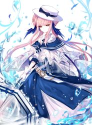 Rule 34 | 1girl, absurdres, arknights, black ribbon, blue bow, blue feathers, blue sailor collar, blue skirt, bow, capelet, ceylon (arknights), feather hair, feathers, fedora, gloves, hat, hat bow, head wings, hexagram, highres, holding, holding umbrella, long hair, looking at viewer, neck ribbon, petticoat, pink hair, ribbon, sailor collar, sheya, shirt, sidelocks, skirt, solo, standing, umbrella, white background, white capelet, white gloves, white hat, white shirt, white umbrella, wings, yellow eyes