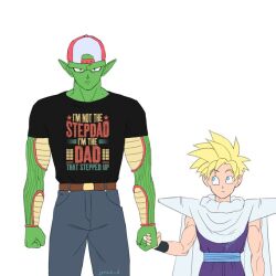 Rule 34 | 2023, baseball cap, belt, blonde hair, blue eyes, clenched hands, commentary, denim, dougi, dragon ball, dragonball z, english commentary, english text, frown, hat, holding hands, jeans, jenxd d, looking at another, looking at viewer, pants, parody, piccolo, raised eyebrows, scowl, side-by-side, simple background, son gohan, standing, super saiyan, white background