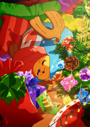 Rule 34 | 1boy, artist request, blue headwear, box, christmas, christmas ornaments, christmas tree, closed eyes, full body, gift, gift box, highres, lying, male focus, official art, on floor, on side, one piece, orange shorts, oversized hat, reindeer, shorts, sleeping, smile, solo, striped tank top, tank top, tony tony chopper, yellow tank top