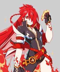 Rule 34 | 1girl, belt, black gloves, bodysuit, braid, breasts, choker, cleavage, coat, cowboy shot, earrings, elesis (elsword), elsword, fire, flame lord (elsword), full-length zipper, gloves, grey background, hair over one eye, hand tattoo, highres, jacket, jewelry, leg tattoo, long hair, looking at viewer, medium breasts, necklace, red eyes, red hair, simple background, smile, solo, tattoo, white coat, xkxh1674, zipper