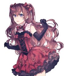Rule 34 | 1girl, :d, bad id, bad pixiv id, black gloves, blue eyes, bow, brown hair, cowboy shot, dress, earrings, elbow gloves, floating hair, gloves, hair between eyes, hair bow, highres, ichinose shiki, idolmaster, idolmaster cinderella girls, jewelry, layered dress, long hair, looking at viewer, migolu, open mouth, red bow, red dress, red ribbon, ribbon, sketch, sleeveless, sleeveless dress, smile, solo, standing, striped, striped bow, very long hair, white background