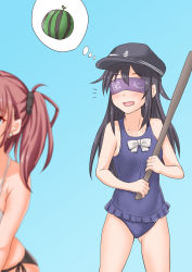 Rule 34 | 2girls, akatsuki (kancolle), anchor symbol, anti (untea9), atlanta (kancolle), black headwear, blindfold, blue background, blue one-piece swimsuit, bow swimsuit, brown hair, collarbone, earrings, flat cap, food, fruit, gradient background, hat, highres, holding, holding stick, jewelry, kantai collection, long hair, multiple girls, one-piece swimsuit, open mouth, purple hair, smile, star (symbol), star earrings, stick, suikawari, swimsuit, thought bubble, two side up, watermelon