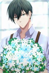 Rule 34 | 1boy, absurdres, aqua eyes, blue lock, bouquet, closed mouth, collared shirt, commentary request, flower, green hair, hair between eyes, highres, holding, holding bouquet, itoshi rin, long sleeves, looking at viewer, male focus, may (illust man 2020), shirt, short hair, solo, suspenders, upper body, white flower