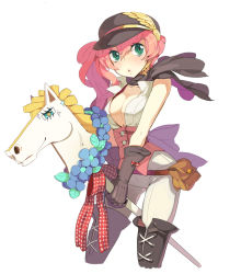 Rule 34 | 1girl, boots, bow, breasts, character request, cleavage, corset, female focus, flower, gloves, green eyes, hat, horse, long hair, original, pink hair, red hair, ribbon, riding, scarf, simple background, solo, sparkle, taruk, thigh boots, thighhighs, white background, wings