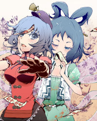 Rule 34 | 2girls, belt, blouse, blue eyes, blue hair, breasts, covering own mouth, dress, eyelashes, female focus, fingernails, floral background, hagoromo, hair ornament, hair rings, hair stick, hairstick, hand on another&#039;s face, hat, high collar, kaku seiga, looking at another, looking at viewer, miyako yoshika, multiple girls, ofuda, one eye closed, open mouth, outstretched arms, pink background, puffy short sleeves, puffy sleeves, pureji oshou, shawl, shirt, short hair, short sleeves, smile, touhou, wink, zombie pose