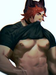 Rule 34 | 1boy, abs, bara, bare pectorals, beanie, clothes in mouth, hat, highres, large pectorals, league of legends, looking ahead, male focus, mouth hold, muscular, muscular male, navel, noomppan, pectorals, red hair, scar, scar on face, scar on nose, sett (league of legends), shirt in mouth, short hair, smile, solo, strongman waist, thick eyebrows, upper body