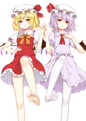 Rule 34 | 2girls, ascot, bare legs, barefoot, bat wings, blonde hair, bow, bowtie, brooch, commentary request, crystal, dress, feet, feet out of frame, flan (seeyouflan), flandre scarlet, foot focus, frilled shirt collar, frills, hand on own chest, hand on own hip, hand up, hat, hat ribbon, highres, jewelry, ke-ta (style), leg up, light purple hair, looking at viewer, miniskirt, mob cap, multiple girls, no shoes, orange bow, orange neckwear, pantyhose, purple dress, red eyes, red neckwear, red ribbon, red skirt, red vest, remilia scarlet, ribbon, short hair, siblings, simple background, sisters, skirt, skirt set, soles, standing, standing on one leg, thighs, toes, touhou, vest, white background, white hat, white legwear, wings
