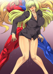 Rule 34 | 1girl, absurdres, blonde hair, blue eyes, blush, bottomless, breasts, capcom, cleavage, gill (street fighter), greco roman (spiral brain), highres, kolin, large breasts, lipstick, long hair, makeup, no panties, one eye closed, open mouth, saliva, sex, standing, street fighter, street fighter iii (series), sweat, tears, vaginal, wet, wince, wink