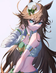Rule 34 | 1girl, :3, absurdres, akiaki aki, animal ears, arm belt, bandeau, blouse, blue eyes, breasts, brown hair, closed mouth, cropped jacket, gradient background, green shirt, hair ornament, hairclip, hand in own hair, hand up, hat, highres, horse ears, jacket, long hair, looking at viewer, midriff, mini hat, mini top hat, mr. c.b. (umamusume), shirt, single sleeve, small breasts, smile, solo, top hat, umamusume, white jacket