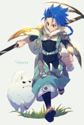 Rule 34 | 1boy, 1other, angry, animal, asymmetrical bangs, asymmetrical clothes, belt, blue hair, bodysuit, bodysuit under clothes, bone, bracelet, braid, braided ponytail, capelet, character name, child, closed mouth, cu chulainn (fate), dog, earrings, echo (circa), fate/grand order, fate/grand order arcade, fate (series), floating hair, full body, grass, grin, holding, holding staff, jewelry, leg warmers, long hair, long sleeves, looking at another, male focus, puffy pants, puppy, red eyes, running, sandals, setanta (fate), simple background, skin tight, smile, spiked hair, staff