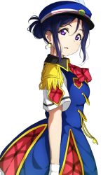 Rule 34 | 1girl, alternate hairstyle, arms at sides, ascot, bad id, bad pixiv id, blue hair, blue hat, collared dress, conductor, dress, earrings, epaulettes, feathers, from side, gloves, hair bun, hair up, happy party train, hat, hat feather, icehotmilktea, jewelry, looking at viewer, love live!, love live! sunshine!!, matsuura kanan, open mouth, purple eyes, red ascot, short sleeves, sidelocks, simple background, single hair bun, solo, whistle, white background, white feathers, white gloves
