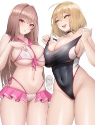 Rule 34 | 3girls, absurdres, ahoge, anis (nikke), anis (nikke) (cosplay), anis (sparkling summer) (nikke), asymmetrical docking, between breasts, bikini, bikini skirt, black choker, black one-piece swimsuit, blush, breast press, breasts, brown hair, choker, cleavage, commentary, competition swimsuit, cosplay, costume switch, covered navel, cowboy shot, glasses, goddess of victory: nikke, hair intakes, highleg, highleg swimsuit, highres, kurone rinka, large breasts, light brown hair, long hair, looking at another, looking at viewer, multi-strapped bikini bottom, multi-strapped bikini top, multiple girls, navel, necktie, necktie between breasts, neon (blue ocean) (nikke), neon (nikke), neon (nikke) (cosplay), official alternate costume, one-piece swimsuit, open mouth, parted lips, pink necktie, rapi (classic vacation) (nikke), rapi (nikke), rapi (nikke) (cosplay), red eyes, sailor collar, short hair, side-tie bikini bottom, simple background, skindentation, smile, standing, stomach, straight hair, string bikini, swimsuit, thighs, white background, white bikini, yellow eyes