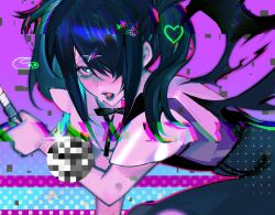 Rule 34 | 1girl, absurdres, ame-chan (needy girl overdose), black eyes, black hair, black ribbon, black skirt, blush, boxcutter, censored, collared shirt, demon wings, glitch, hair ornament, hair over one eye, hair tie, hairclip, heart, highres, holding, holding boxcutter, jirai kei, long hair, looking at viewer, mosaic censoring, neck ribbon, needy girl overdose, open mouth, paolongtaodeknock, procreate (medium), red shirt, ribbon, self-harm, shirt, shirt tucked in, skirt, solo, suspender skirt, suspenders, twintails, wings, x hair ornament