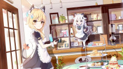Rule 34 | 2girls, :3, aaaaabk!, alternate costume, animal ears, animal print, apron, arms behind back, black footwear, blonde hair, bow, cafe, cake, cake slice, cat ears, cat girl, cat print, cat tail, chinese commentary, closed mouth, coffee maker, cowboy shot, cup, dessert, door, drink, enmaided, fake animal ears, floating, flower, food, fruit sandwich, full body, genshin impact, hair between eyes, hair flower, hair ornament, hair over shoulder, highres, holding, holding tray, indoors, lights, long bangs, looking at viewer, lumine (genshin impact), maid, maid apron, maid headdress, medium hair, multiple girls, open mouth, paimon (genshin impact), pancake, pastry, photo (object), picture frame, plant, plate, plate stack, potted plant, price tag, puffy short sleeves, puffy sleeves, purple eyes, shadow, shelf, short sleeves, souffle pancake, tail, tail bow, tail ornament, tray, vision (genshin impact), white apron, white hair, white legwear, wrist cuffs, yellow eyes
