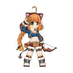 Rule 34 | 1girl, ahoge, animal earmuffs, animal ears, arm up, blue footwear, blue shirt, boots, bow (weapon), braid, braided ponytail, breasts, brown gloves, brown hair, brown jacket, brown ribbon, brown shorts, brown socks, cat ears, chibi, closed mouth, crop top, earmuffs, fake animal ears, full body, fur-trimmed boots, fur-trimmed shorts, fur-trimmed sleeves, fur trim, gloves, green eyes, hair ribbon, holding, holding bow (weapon), holding weapon, jacket, long hair, long sleeves, looking at viewer, low-tied long hair, medium bangs, official art, puffy long sleeves, puffy sleeves, quiver, ragnarok online, ribbon, salute, shirt, shorts, shrug (clothing), simple background, small breasts, smile, socks, solo, standing, tachi-e, thigh strap, transparent background, weapon, wind hawk (ragnarok online), yuichirou