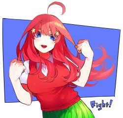 1girl blue_eyes breasts collared_shirt eyebrows_hidden_by_hair go-toubun_no_hanayome hair_ornament hand_up haruba_negi highres image_sample large_breasts long_hair looking_at_viewer nakano_itsuki official_art partially_unbuttoned red_hair red_sweater shirt short_sleeves sidelocks simple_background solo star_(symbol) star_hair_ornament sweater sweater_vest tongue twitter_sample upper_body white_shirt