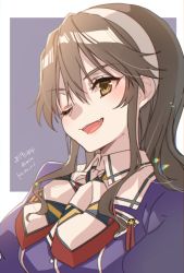 Rule 34 | 1girl, ashigara (kancolle), ashigara kai ni (kancolle), blush, breasts, brown eyes, brown hair, dated, hair ornament, hairband, jacket, kantai collection, koruri, large breasts, long hair, looking at viewer, one-hour drawing challenge, one eye closed, open mouth, purple background, purple jacket, smile, solo, twitter username, uniform, wavy hair, white background