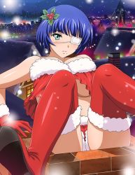 Rule 34 | 1girl, blue hair, blunt bangs, blush, boots, breasts, cleavage, eyepatch, frown, fur-trimmed gloves, fur-trimmed shorts, fur trim, gloves, green eyes, hair ornament, huge breasts, ikkitousen, long hair, looking at viewer, mole, mole under mouth, night, outdoors, red footwear, red gloves, red shorts, red thighhighs, ryomou shimei, santa boots, santa costume, santa gloves, short hair, short shorts, shorts, snowing, solo, strapless, thigh boots, thighhighs, underboob
