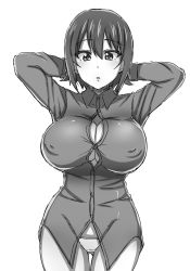 Rule 34 | 1girl, absurdres, arms behind head, arms up, aster90, breasts, bursting breasts, cleavage, commentary, covered erect nipples, cowboy shot, crotch seam, dress shirt, female focus, girls und panzer, greyscale, highres, large breasts, long sleeves, looking at viewer, monochrome, nishizumi maho, no pants, panties, parted lips, shirt, simple background, solo, standing, thigh gap, underwear, wing collar