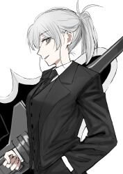 Rule 34 | 1girl, absurdres, black jacket, black necktie, black vest, collared shirt, commentary request, cowboy shot, egomeshi, formal, from side, grey eyes, grey hair, hand in pocket, highres, jacket, long hair, long sleeves, looking at viewer, necktie, pile bunker, ponytail, riesbyfe stridberg, shirt, sidelocks, simple background, smile, solo, suit, true apocrypha, tsukihime, vest, weapon, white background, white shirt