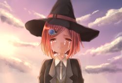 Rule 34 | 1girl, black hat, brown eyes, brown hair, clenched teeth, cloud, crying, crying with eyes open, danganronpa (series), danganronpa v3: killing harmony, day, dot nose, female focus, hair ornament, hat, kuro n314, looking at viewer, outdoors, short hair, solo, swept bangs, tears, teeth, upper body, witch hat, yumeno himiko