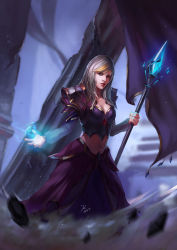 Rule 34 | 1girl, absurdres, armor, blonde hair, blue eyes, breasts, cleavage, grey sleeves, highres, holding, holding staff, jaina proudmoore, layered skirt, long hair, long skirt, long sleeves, magic, medium breasts, midriff, motion blur, multicolored hair, navel, night moon starry (artist), pauldrons, purple skirt, red lips, shoulder armor, signature, silver hair, skirt, solo, staff, standing, stomach, swept bangs, two-tone hair, warcraft, world of warcraft