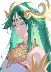 Rule 34 | 1girl, absurdres, bare shoulders, circlet, closed mouth, collar, collarbone, dress, green eyes, green hair, hair ornament, highres, jewelry, kid icarus, kid icarus uprising, lips, long hair, looking at viewer, necklace, nintendo, palutena, parted bangs, pink lips, simple background, solo, strapless, strapless dress, very long hair, white background, white dress, yasaikakiage