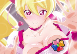 Rule 34 | 1girl, against fourth wall, against glass, blonde hair, blush, breast press, breasts, breasts on glass, choker, cleavage, closed mouth, cure peach, earrings, fresh precure!, fuchi (nightmare), hair ornament, hand on glass, heart, heart earrings, heart hair ornament, jewelry, large breasts, long hair, looking at viewer, magical girl, momozono love, pink choker, precure, puffy short sleeves, puffy sleeves, shirt, short sleeves, smile, solo, upper body, white shirt