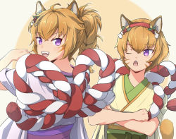 Rule 34 | 2girls, :&lt;, :3, ahoge, animal ears, bow, braid, braided ponytail, cat ears, cat girl, cat tail, commentary request, crossed arms, crossed bangs, facial mark, fangs, fire emblem, fire emblem heroes, from behind, green bow, green kimono, green sash, hair between eyes, hair ornament, hairband, hand up, japanese clothes, kimono, layered clothes, layered kimono, lethe (fire emblem), looking at another, looking at viewer, looking to the side, lyre (fire emblem), medium hair, multiple girls, nintendo, obi, official alternate costume, one eye closed, open mouth, orange hair, orange tail, outline, partial commentary, purple eyes, purple kimono, red hairband, rope, rowan, rowan hair ornament, sash, short hair, siblings, sideways glance, simple background, single braid, sisters, smile, tail, tail raised, teeth, tekology, two-tone background, upper body, upper teeth only, whisker markings, white background, white outline, yellow background