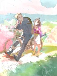 Rule 34 | 1boy, 1girl, ace attorney, backlighting, backpack, bad id, bad tumblr id, bag, bicycle, blue sky, brown hair, cherry blossoms, cloud, collared shirt, colorful, day, eye contact, formal, grass, grin, japanese clothes, long hair, long sleeves, looking at another, magatama, maya fey, mountain, mountainous horizon, necktie, outdoors, pants, petals, phoenix wright, red neckwear, roku (tsua-kihuyu), sash, shadow, shirt, shoe soles, shoes, sitting, sky, smile, standing, suit, tareme, wide sleeves, wind