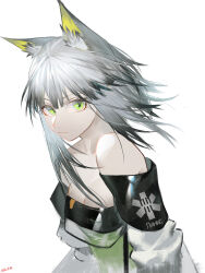 Rule 34 | 1girl, absurdres, animal ears, arknights, breasts, cat ears, cat girl, cleavage, dress, green dress, green eyes, grey hair, highres, kal&#039;tsit (arknights), looking at viewer, mackia, off-shoulder dress, off shoulder, short hair, simple background, small breasts, solo, upper body, white background