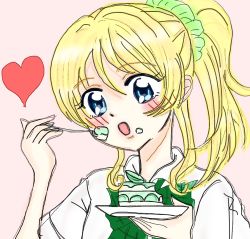 Rule 34 | 1girl, artist name, artist request, ayase eli, blonde hair, blue eyes, blush, bow, bowtie, breasts, cake, collared shirt, female focus, food, green bow, green scarf, hair between eyes, hair ornament, hair scrunchie, heart, heart (symbol), high ponytail, holding, holding plate, holding spoon, long hair, long sleeves, looking at viewer, love live!, love live! school idol project, otonokizaka school uniform, parted lips, plate, ponytail, scarf, school uniform, scrunchie, shirt, short hair, short sleeves, small breasts, smile, solo, spoon, striped, striped bow, upper body, white scrunchie, white shirt