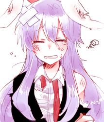 Rule 34 | 1girl, 6 (yuchae), animal ears, closed eyes, crossed bandaids, dirty, dirty face, jacket, light purple hair, long hair, necktie, rabbit ears, reisen udongein inaba, shirt, solo, squiggle, tears, torn clothes, torn jacket, torn shirt, touhou, undone necktie, upper body