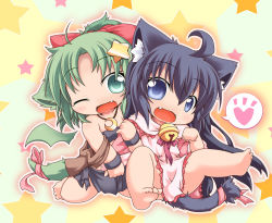 Rule 34 | 2girls, :d, ;d, ahoge, animal ears, aqua eyes, arm hug, bandeau, bare shoulders, barefoot, bell, black hair, blue eyes, blush, bms of fighters, bow, capelet, cat ears, cat tail, chibi, collar, crescent, dress, fang, feet, flat chest, frilled dress, frills, full body, green hair, hair between eyes, hair bow, hair ornament, happy, head tilt, heart, high ponytail, jewelry, jingle bell, kuroneko liger, long hair, multiple girls, neck bell, necklace, one eye closed, open mouth, outline, paw pose, ponytail, ribbon, sarong, shawl, short hair, sitting, smile, speech bubble, spoken heart, spread legs, star (symbol), star hair ornament, tail, tail ornament, tail ribbon, very long hair, wariza, wings, wink, wristband, yellow background