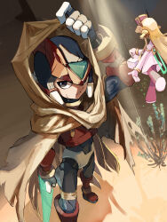 1boy 1girl absurdres armor blonde_hair brown_cloak cloak desert energy_sword helmet highres holding holding_sword holding_weapon hood hooded_cloak long_hair mega_man_(series) mega_man_zero_(series) mini_person omochi_(mochi_skymega) red_armor red_helmet standing sword weapon z_saber zero(z)_(mega_man) zero_(mega_man)