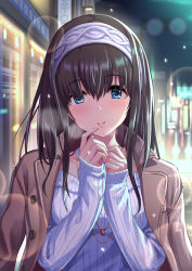 Rule 34 | 1girl, black hair, blue eyes, blue sweater, blush, breasts, brown jacket, buttons, city lights, closed mouth, coat, hair between eyes, hairband, idolmaster, idolmaster cinderella girls, jacket, jewelry, large breasts, long hair, looking at viewer, necklace, off-shoulder, off-shoulder sweater, off shoulder, open clothes, open jacket, pendant, ribbed sweater, sagisawa fumika, smile, solo, sweater, tamakaga
