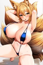 Rule 34 | 1girl, :o, alternate costume, animal ear fluff, animal ears, areola slip, armpits, arms behind head, arms up, blonde hair, blush, breasts, collarbone, commentary request, crossed bangs, female focus, fox ears, fox tail, from above, hair between eyes, huge breasts, large areolae, looking at viewer, marota, multiple tails, nail polish, navel, no headwear, o-ring, open mouth, short hair, simple background, slingshot swimsuit, solo, spread legs, squatting, sweat, swimsuit, tail, toenail polish, toenails, touhou, white background, yakumo ran, yellow eyes