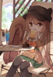 Rule 34 | 1girl, :d, animal ears, animal hat, backpack, bag, black hat, black thighhighs, blush, brown eyes, brown hair, brown shirt, cabbie hat, cake, cake slice, chocolate cake, cup, drink, drinking glass, fake animal ears, food, fork, green skirt, hair between eyes, hands up, hat, holding, holding cup, indoors, long hair, long sleeves, on chair, open mouth, original, parfait, plate, pleated skirt, sailor collar, school uniform, serafuku, shirt, sitting, skirt, sleeves past wrists, smile, solo, squirrel girl (yuuhagi (amaretto-no-natsu)), thighhighs, very long hair, white sailor collar, yuuhagi (amaretto-no-natsu)